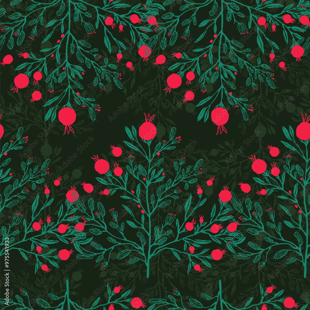 Seamless vector botany pattern on a dark background with green leaves and red pomegranates for typography, design, textiles Seamless vector botany pattern on a dark background with green leaves and red pomegranates for typography, design, textiles