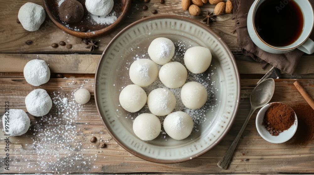 Top view of mochi dessert with coffee on wooden surface Top view of mochi dessert with coffee on wooden surface