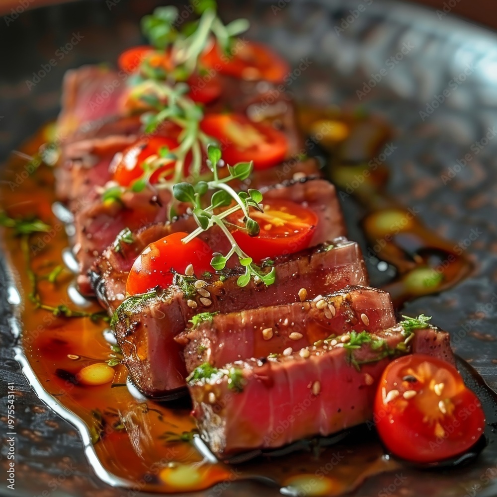 Sliced Ahi Tuna Steak, Slightly Roasted Red Fish Carpaccio with Honey Mustard Sauce Sliced Ahi Tuna Steak, Slightly Roasted Red Fish Carpaccio with Honey Mustard Sauce
