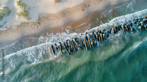Fototapeta Naklejka Na Ścianę i Meble -  Top view of weathered wooden breakwater piles on the Baltic Sea shoreline with gentle waves on sandy beach during the day