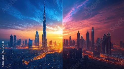 Dubai cityscape at twilight, with the transition of light from day to night