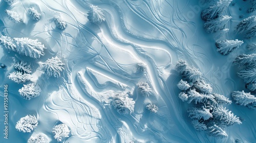 Trails imprinted in snow from above