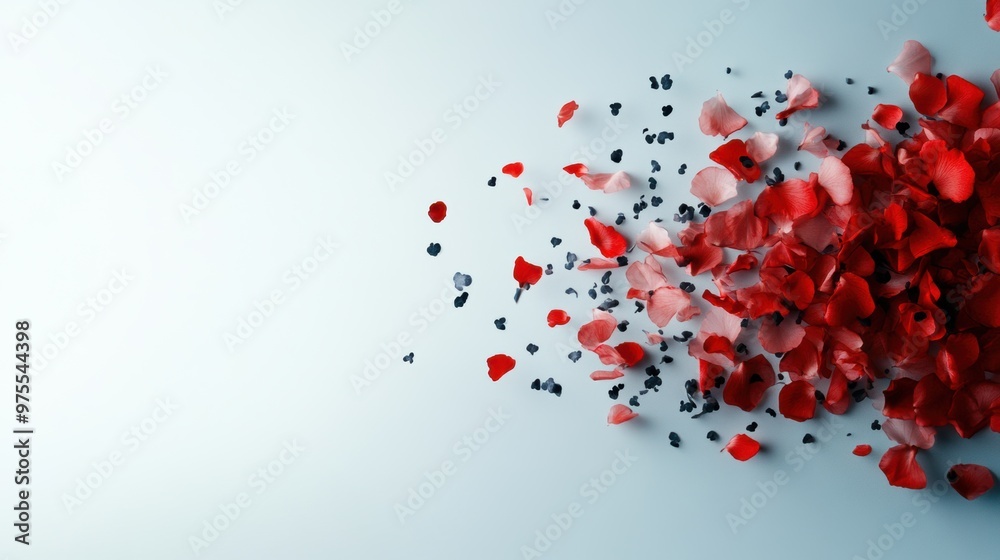 A beautiful scatter of red rose petals against a soft blue background, perfect for romantic or wedding-themed designs. A beautiful scatter of red rose petals against a soft blue background, perfect for romantic or wedding-themed designs.