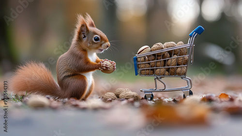 Squirrel shopping for nuts in a miniature cart during World Animal Day celebration