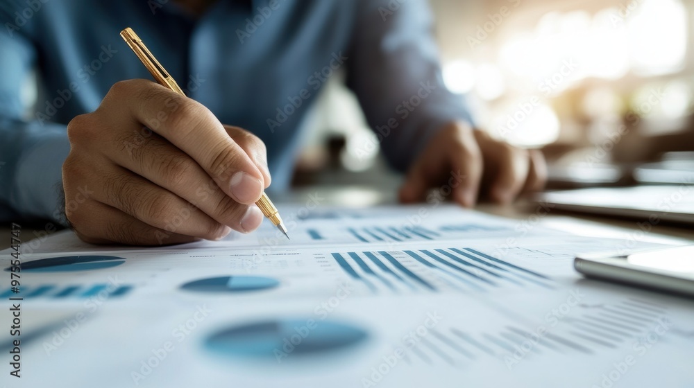 A focused professional writing on charts and graphs while analyzing data on a table in a modern office setting. A focused professional writing on charts and graphs while analyzing data on a table in a modern office setting.