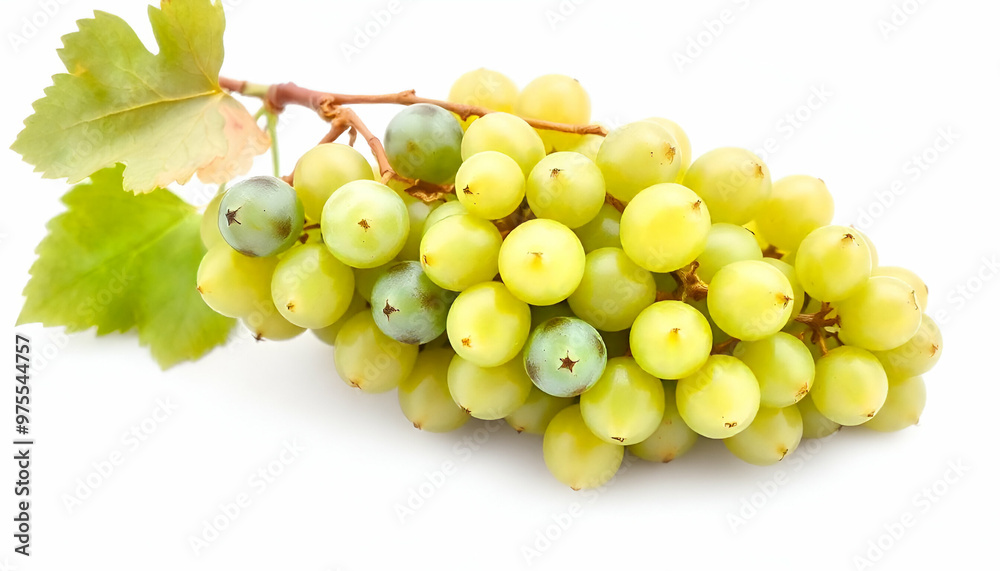 Clusters of ripe green grapes with leaves on a white background Clusters of ripe green grapes with leaves on a white background