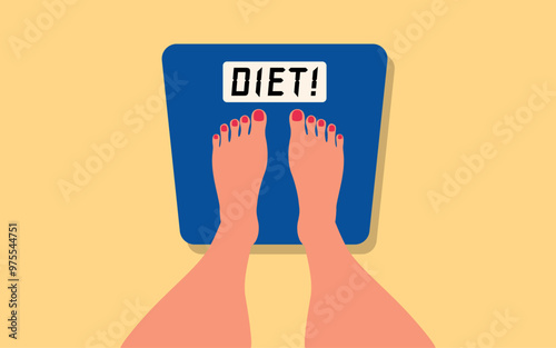 Cartoon illustration showing a woman’s feet on a scale with the word DIET displayed. Ideal for health, wellness, weight loss, focused on dieting and fitness contents