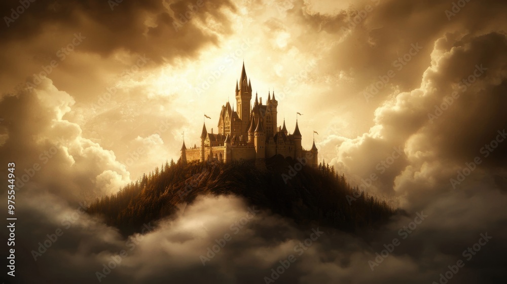 Obraz premium A majestic castle rises above the clouds under a dramatic sky, evoking a sense of wonder and fantasy in a mystical landscape.
