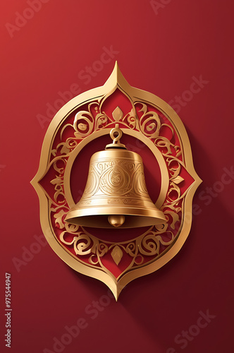 Illustration of a Vastu Feng Shui bell metal diya on a plain red background photo