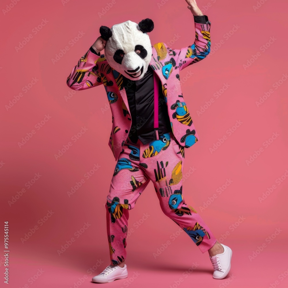 Freak in panda mask dancing, masquerade, absurd carnival, having fun in costume party, weird mask head Freak in panda mask dancing, masquerade, absurd carnival, having fun in costume party, weird mask head