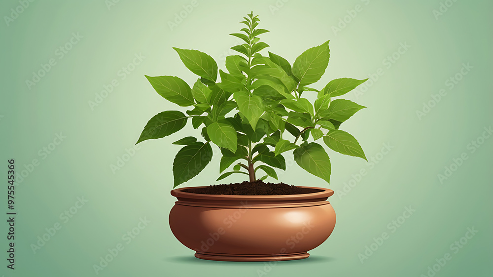 Fototapeta premium Illustration of a Vastu Feng Shui tulsi plant on a plain green background