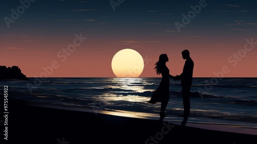 The silhouette of a couple dancing under a full moon on a deserted beach, their figures casting long shadows in this romantic illustration