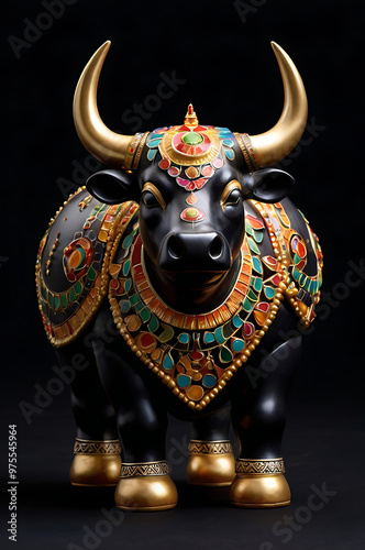 Illustration of a Vastu Feng Shui Nandi bull statue on a plain black background photo