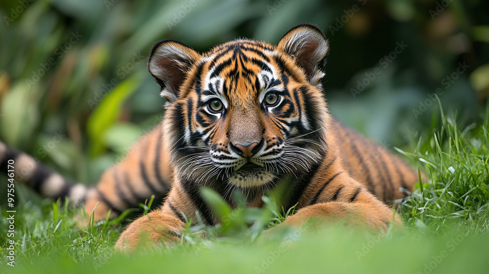 Fototapeta premium Young tiger relaxing in lush greenery on World Animal Day celebration