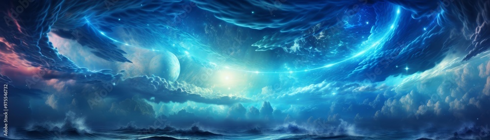 The sudden flash of lightning over a stormy ocean, illuminating the waves in this powerful illustration The sudden flash of lightning over a stormy ocean, illuminating the waves in this powerful illustration