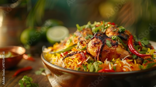 indian chicken biryani, Spicy chicken biryani food photography  photo