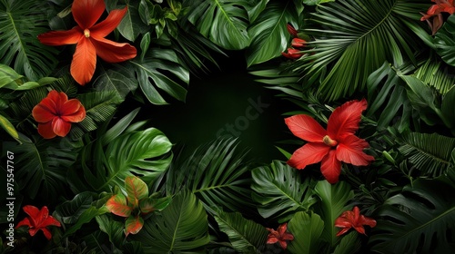 Vibrant arrangement of lush tropical leaves and red flowers, creating an exotic and inviting background for various uses.