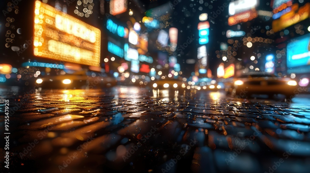 Vibrant night scene capturing rain-soaked streets filled with glowing taxis and illuminated billboards in a bustling city.