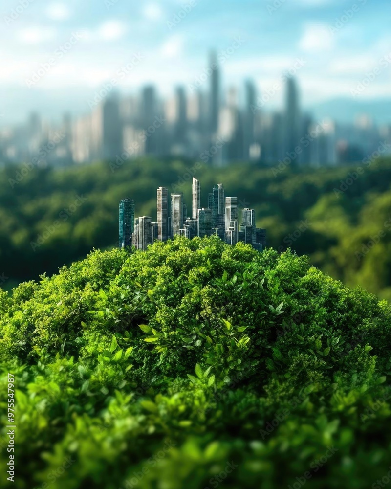 A vibrant blend of nature and architecture, showcasing a city emerging from a lush green landscape under a clear blue sky. A vibrant blend of nature and architecture, showcasing a city emerging from a lush green landscape under a clear blue sky.
