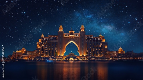 majestic Atlantis hotel in Dubai at night, glowing under a starry sky