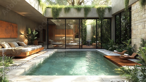 Wallpaper Mural Modern minimalist patio with a swimming pool and lush greenery. Torontodigital.ca