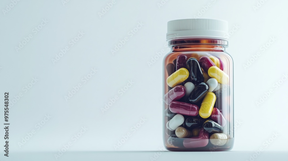 Vitamin pills in a bottle isolated against a white background. with copy space image. Place for adding text or design Vitamin pills in a bottle isolated against a white background. with copy space image. Place for adding text or design