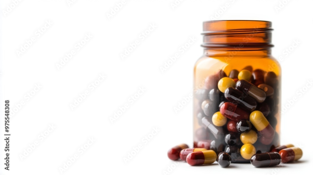 Vitamin pills in a bottle isolated against a white background. with copy space image. Place for adding text or design