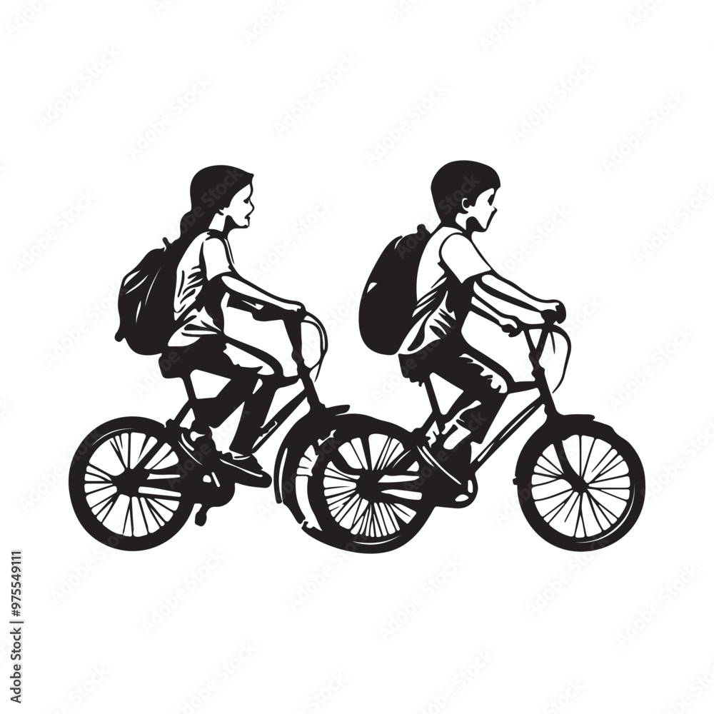 Kids with backpacks going to school by bike stock image vector Kids with backpacks going to school by bike stock image vector