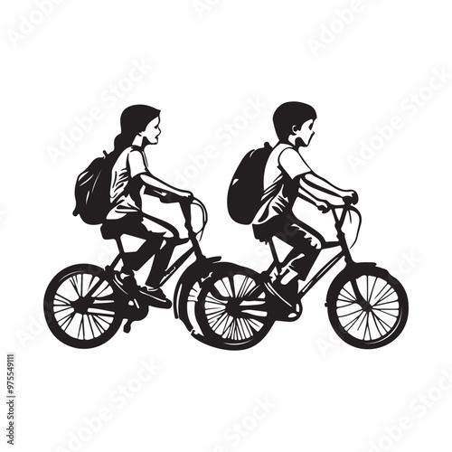 Kids with backpacks going to school by bike stock image vector