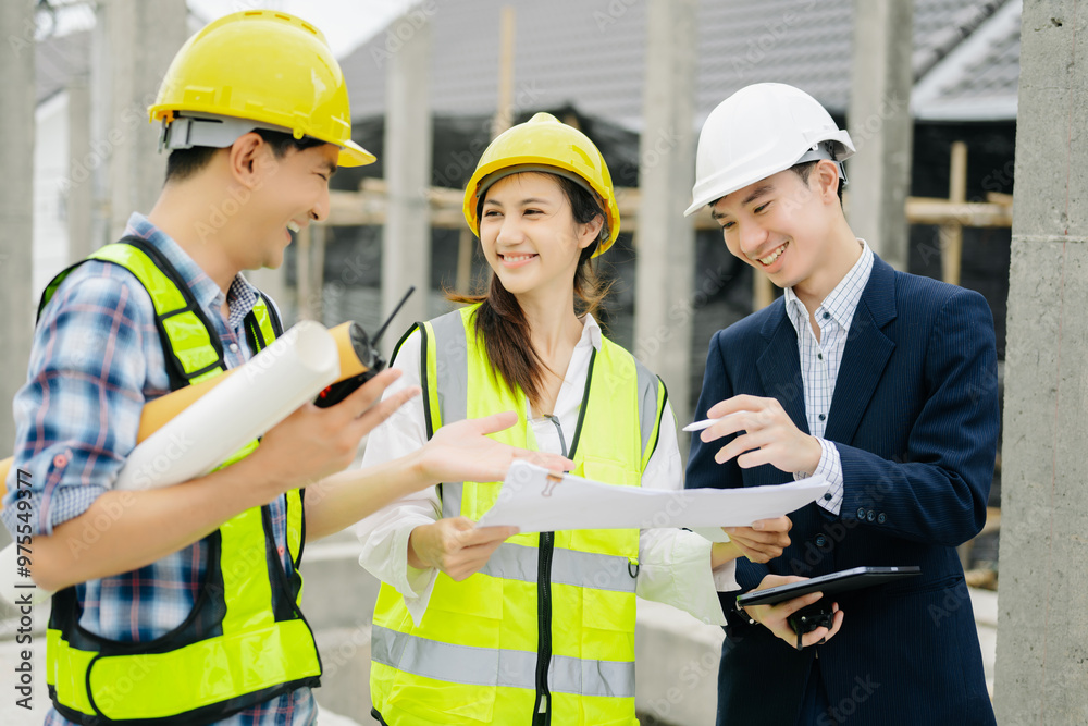 Contractor and architect looking at plan, tablet, laptop and talking about working on big project. Contractor and architect looking at plan, tablet, laptop and talking about working on big project.