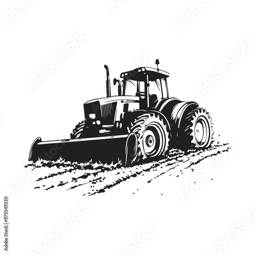 Tractor Plowing A Field Stock Vector Illustration on white background.