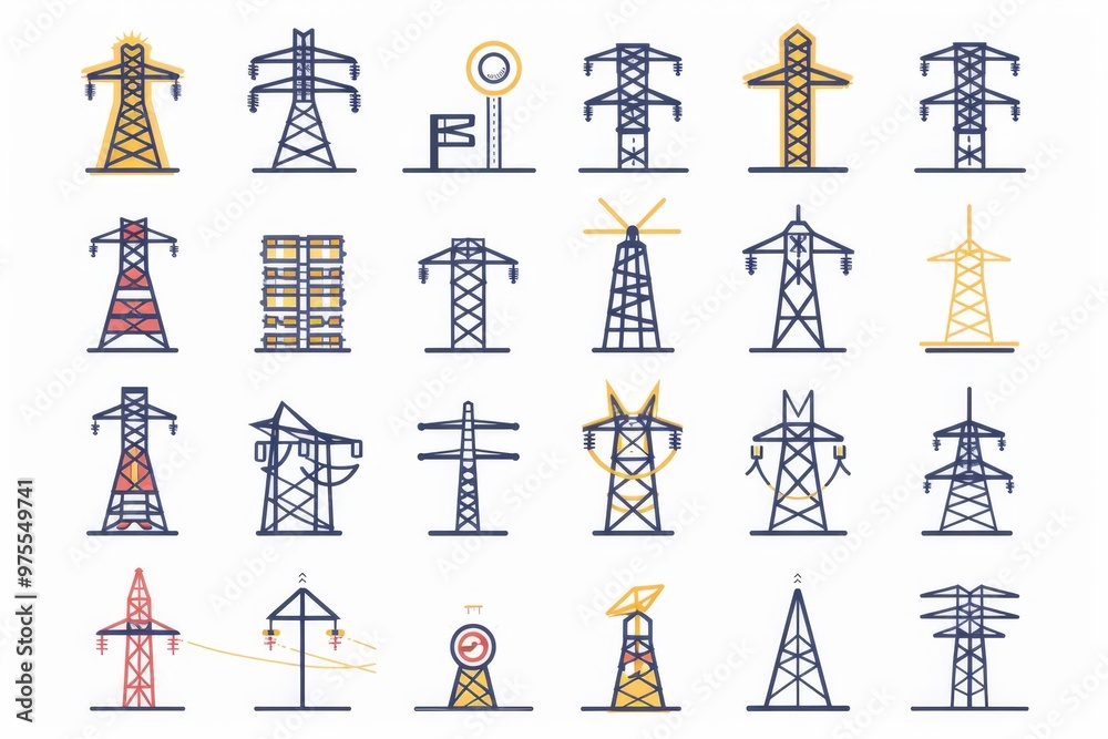 Power line icon, electric main symbol, electric line emblem, power transmission line pictogram Power line icon, electric main symbol, electric line emblem, power transmission line pictogram