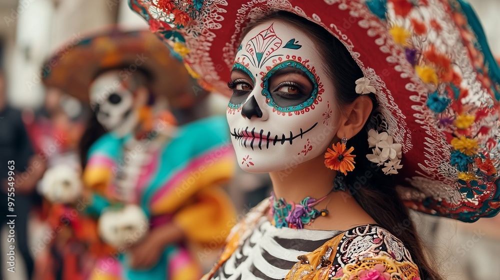 Obraz premium A vibrant and detailed depiction of people dressed in traditional Day of the Dead (Día de los Muertos) costumes, adorned with colorful face paint, skull masks, and elegant dresses