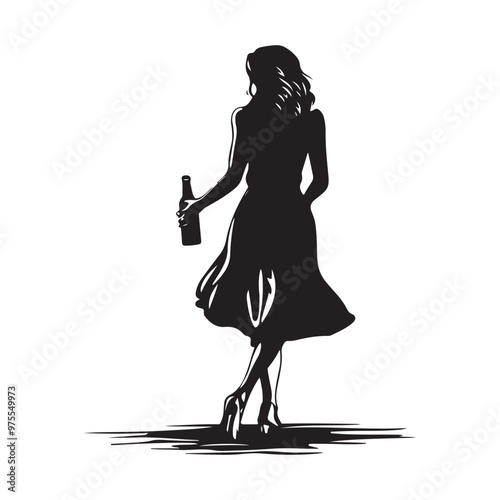 Girl silhouette hold beer bottle Vector Image isolated on white background.