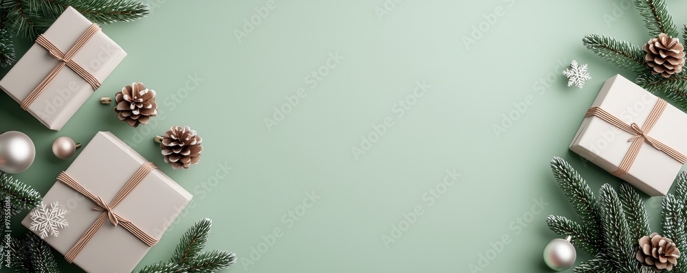 A serene arrangement of festive gifts surrounded by pine branches and ornaments on a soft green background, evoking holiday cheer. A serene arrangement of festive gifts surrounded by pine branches and ornaments on a soft green background, evoking holiday cheer.