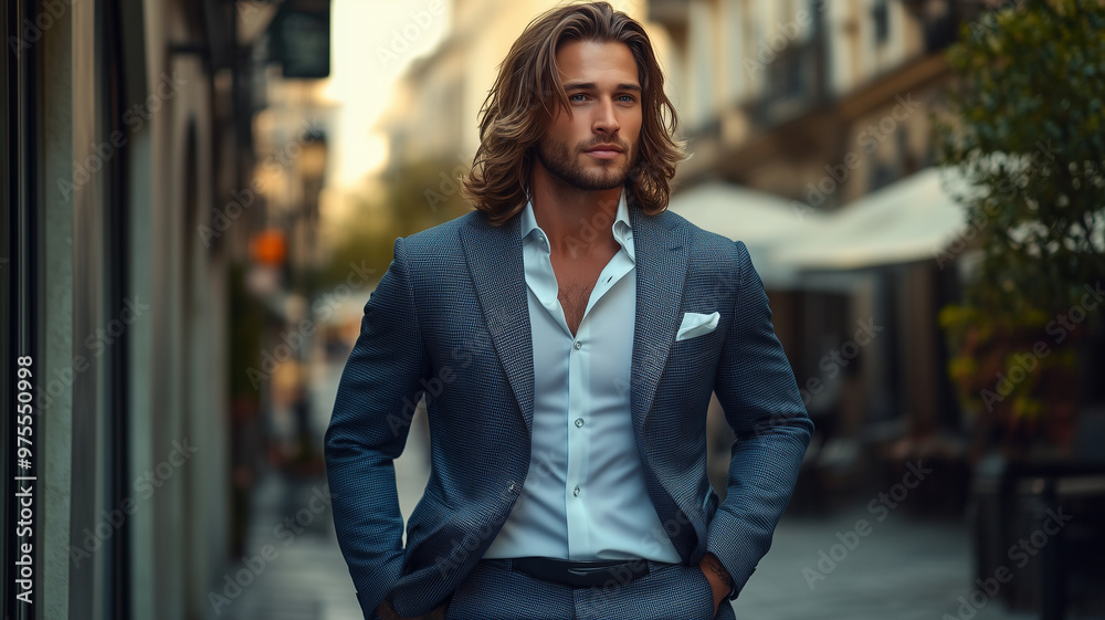 Portrait of sexy handsome fashion male model dressed in elegant suit posing outdoor. Long haired Metrosexual. Attractive man posing for a fashion shoot. Portrait of sexy handsome fashion male model dressed in elegant suit posing outdoor. Long haired Metrosexual. Attractive man posing for a fashion shoot.