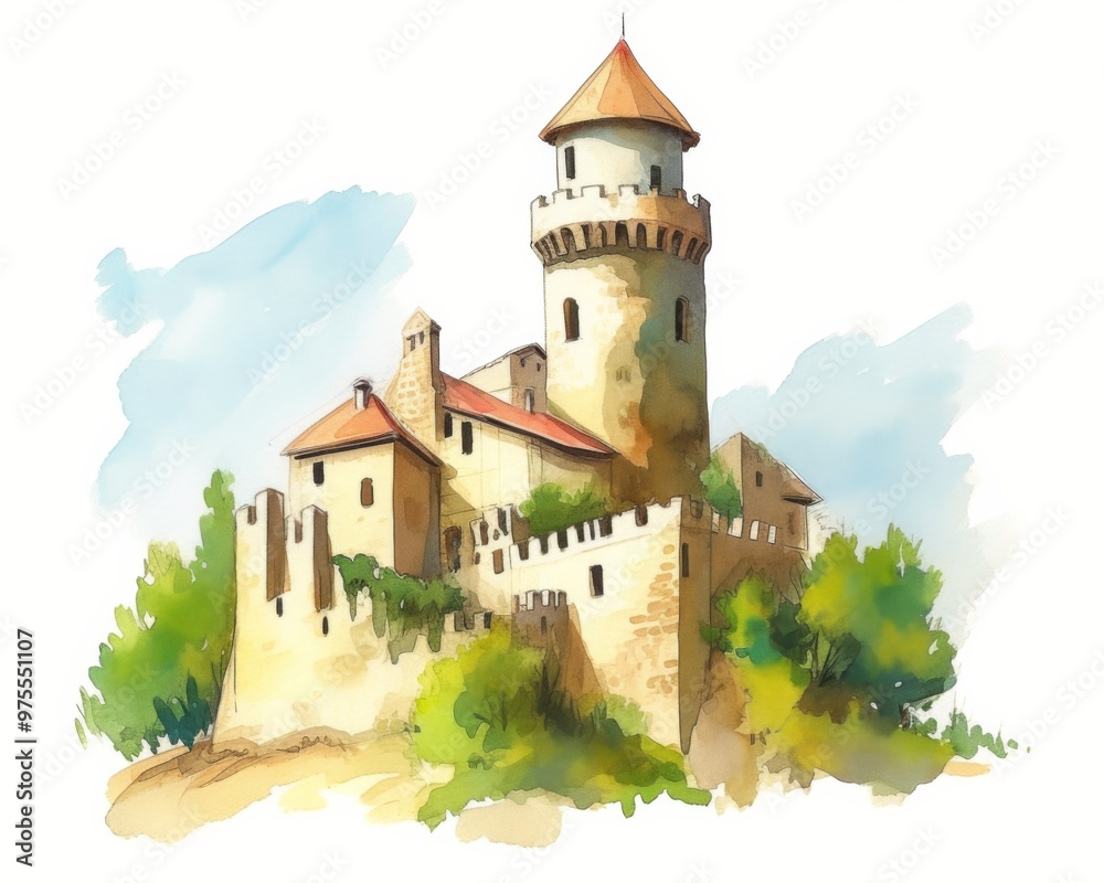 Old towers building of medieval town in Europe on street. Isolated watercolor illustration on white background. Old towers building of medieval town in Europe on street. Isolated watercolor illustration on white background.