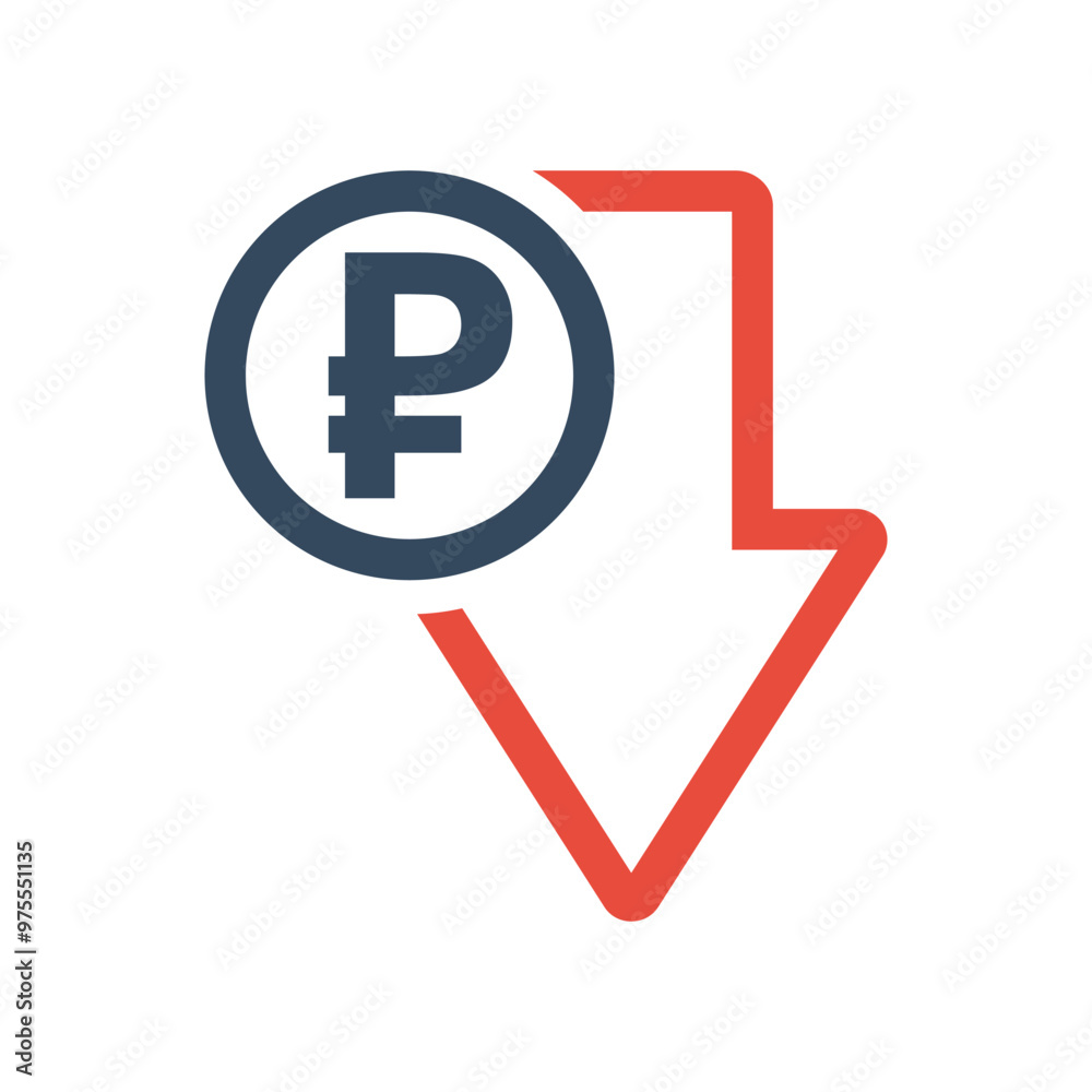 ruble coin and red down arrow, negative economic dynamic concept, russian currency decrease exchange rate indicator ruble coin and red down arrow, negative economic dynamic concept, russian currency decrease exchange rate indicator
