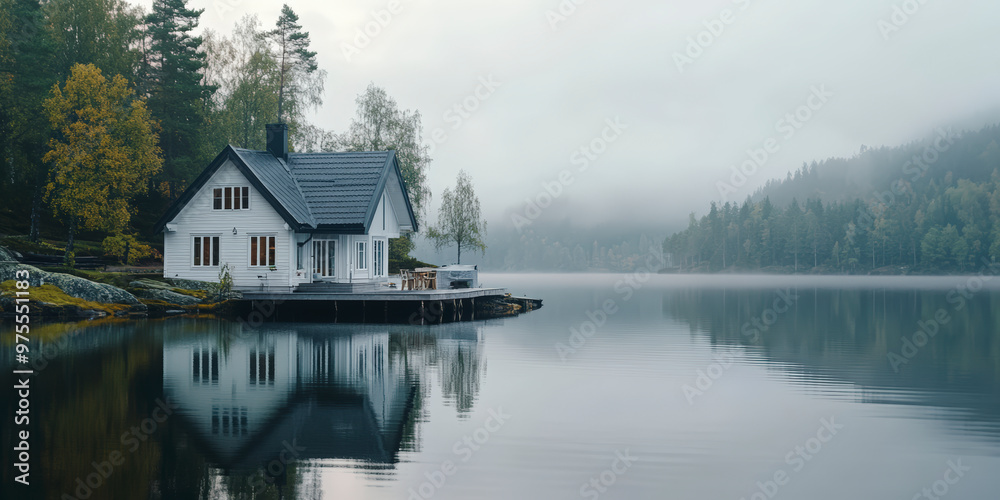 Fototapeta premium A serene lakeside house surrounded by a misty forest, reflecting peacefully on the calm water.