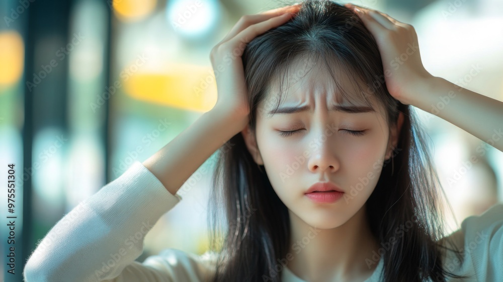 Young Asian females feeling dizzy after standing too fast, have symptoms of low blood pressure Young Asian females feeling dizzy after standing too fast, have symptoms of low blood pressure