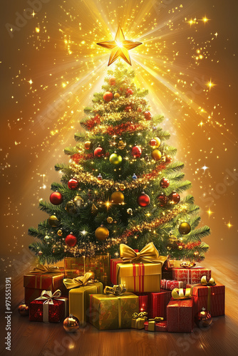 A magical and festive scene featuring a beautifully decorated Christmas tree adorned with twinkling lights and colorful ornaments. Beneath the tree, a pile of wrapped presents sits,