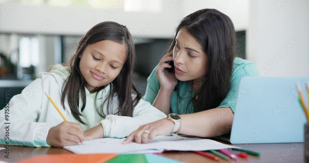 Mother, daughter and remote work with phone call, laptop and help with homework and support in living room. Family, woman or girl child with happiness, multitasking and communication or freelance job