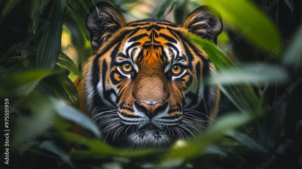 Fototapeta premium Majestic tiger peering through dense foliage during World Animal Day celebration