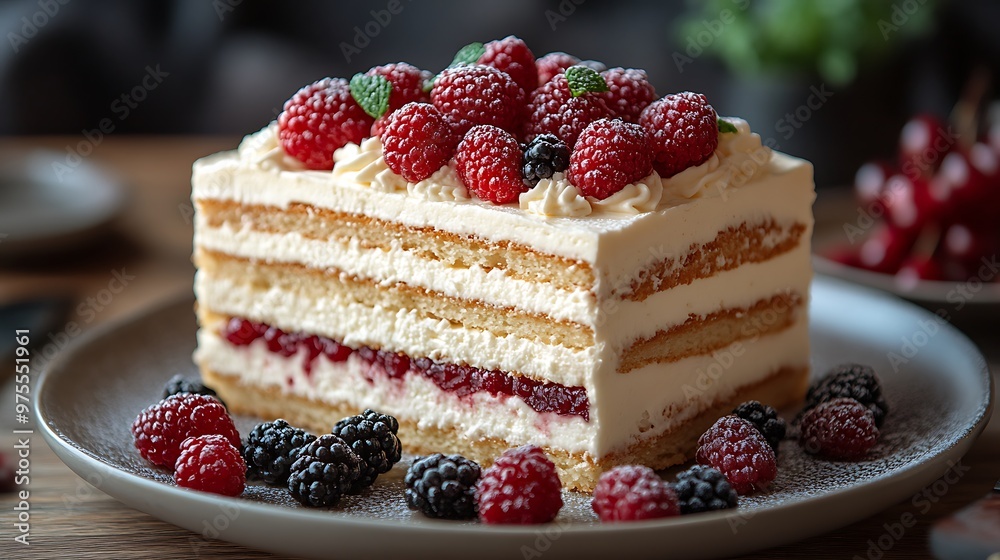 A slice of layered cake with vanilla frosting and fresh raspberries and blackberries on top. A slice of layered cake with vanilla frosting and fresh raspberries and blackberries on top.