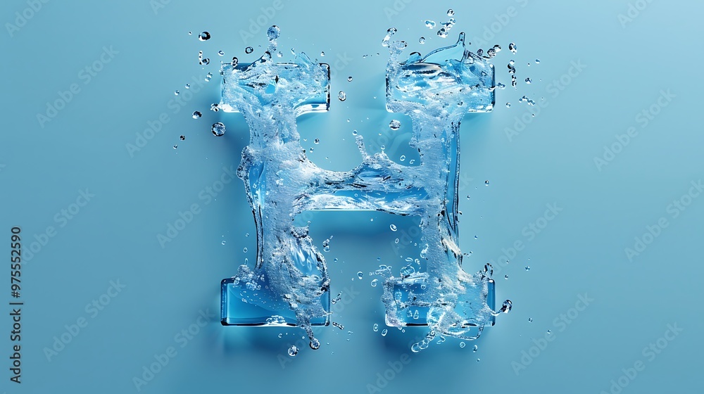 Uppercase letter H made by water on blue background Uppercase letter H made by water on blue background