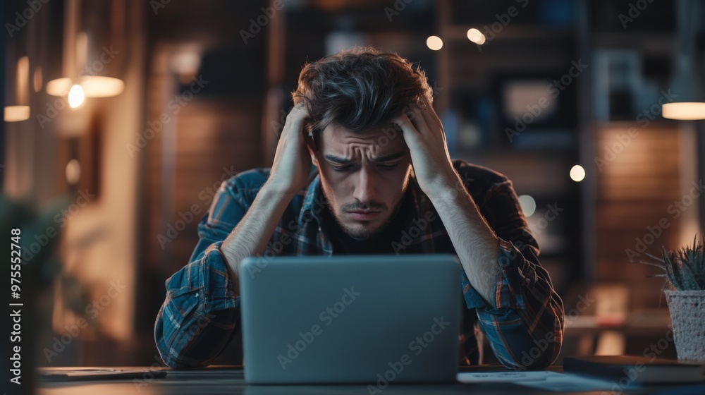 Young Man Feeling Overwhelmed and Frustrated. In stressed from work, unemployment, anxiety, heartbroken and depression concept Young Man Feeling Overwhelmed and Frustrated. In stressed from work, unemployment, anxiety, heartbroken and depression concept