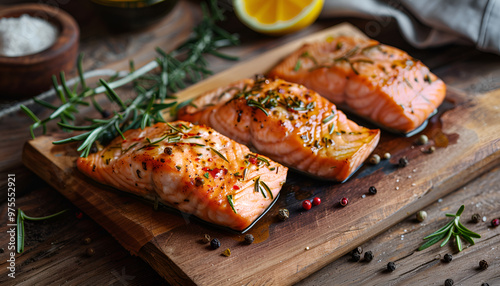 Salmon Steak, served with bread, ready to eat, Grilled Salmon with lemon