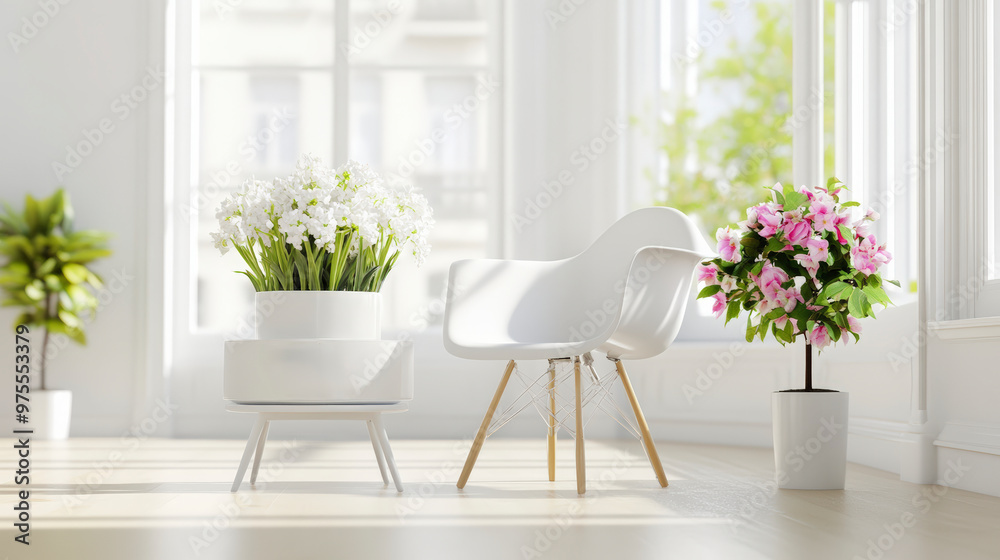 A modern, minimalist room with a white chair and vibrant greenery and flowers, illuminated by natural light from large windows. A modern, minimalist room with a white chair and vibrant greenery and flowers, illuminated by natural light from large windows.