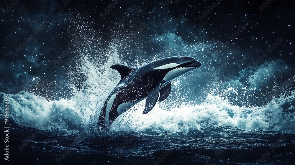 Fototapeta premium A powerful orca leaping out of the water in the open ocean, surrounded by splashing waves