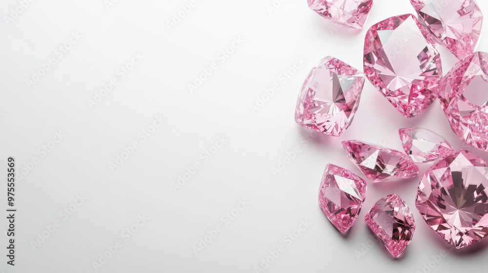 A collection of sparkling pink diamonds is scattered on a white background, showcasing their brilliance and facets. A collection of sparkling pink diamonds is scattered on a white background, showcasing their brilliance and facets.